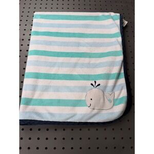 Cuddle Time Baby Blanket Blue Aqua White Striped Whale fleece satin like trim